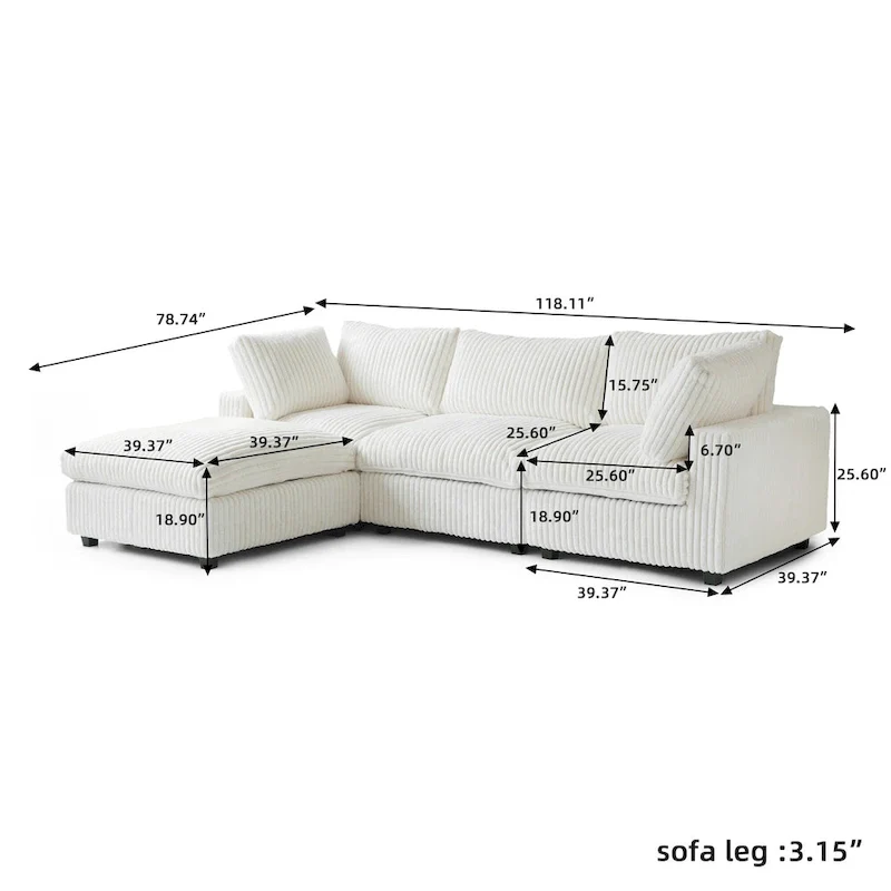 L-shaped Polyester Fabric Couch Modern Sectional Sofa with Ottoman