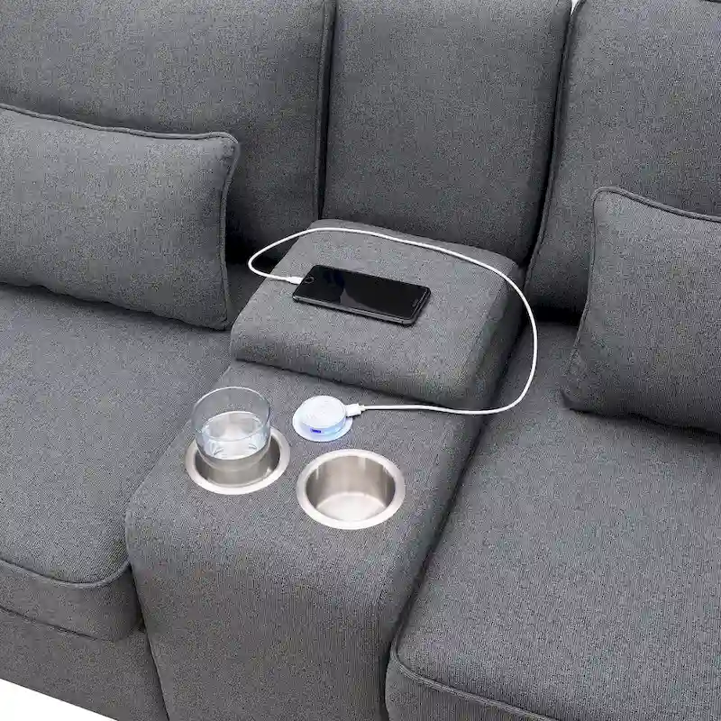 Modern Linen Fabric Upholstered Sofa with Console, 4Pillows,Cupholders,USB