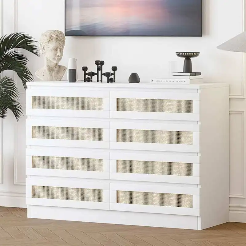 8 Drawer Rattan Double Storage Dresser for Bedroom