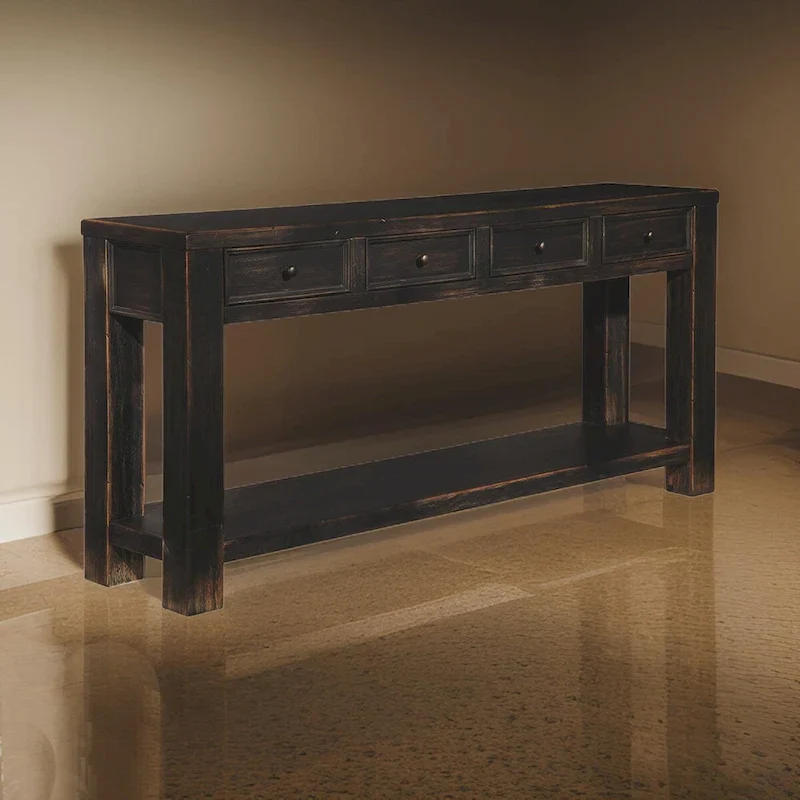 Wooden Sofa Table with Four Drawers and One Shelf, Weathered Black