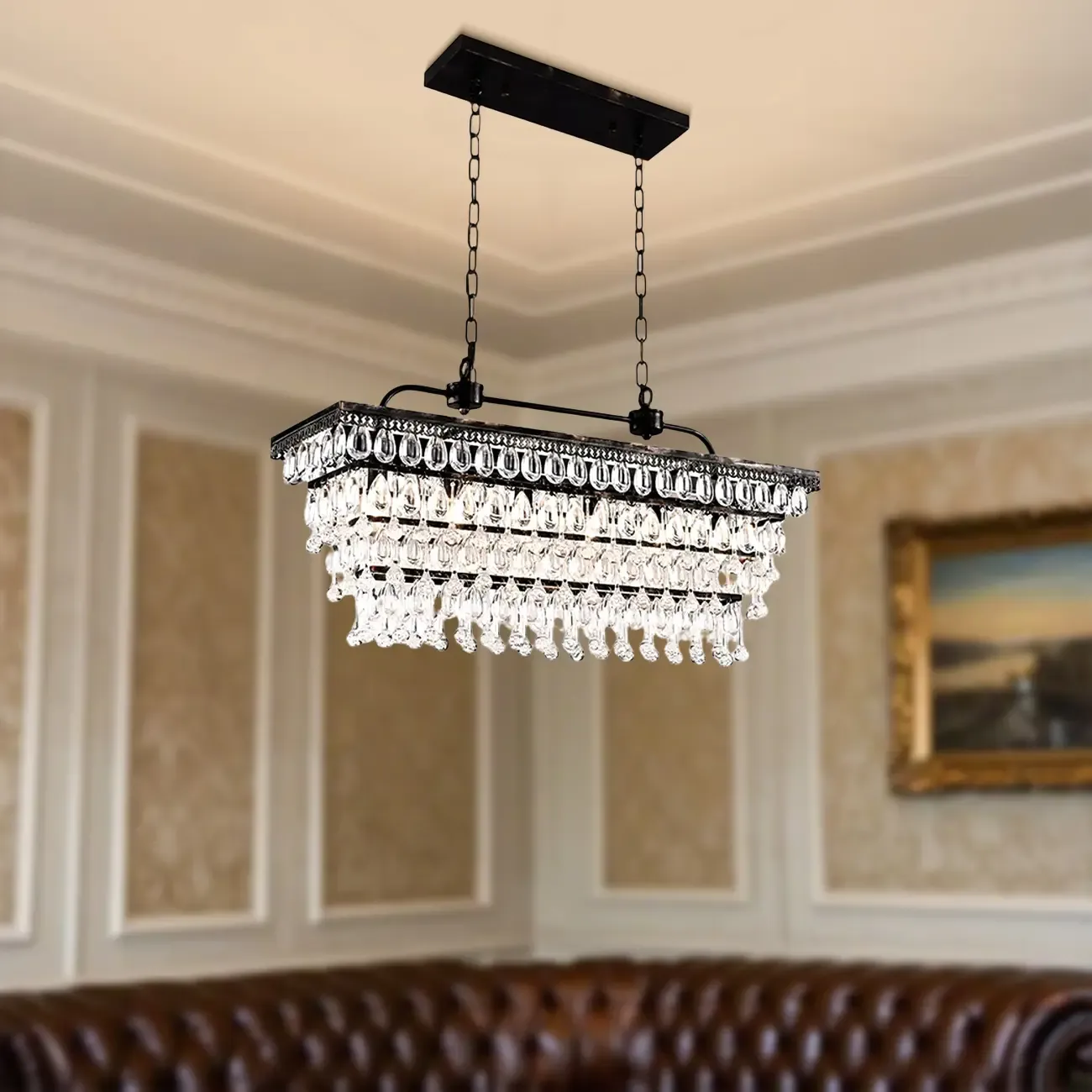 Contemporary Crystal Matte Black Island Pendant Light
