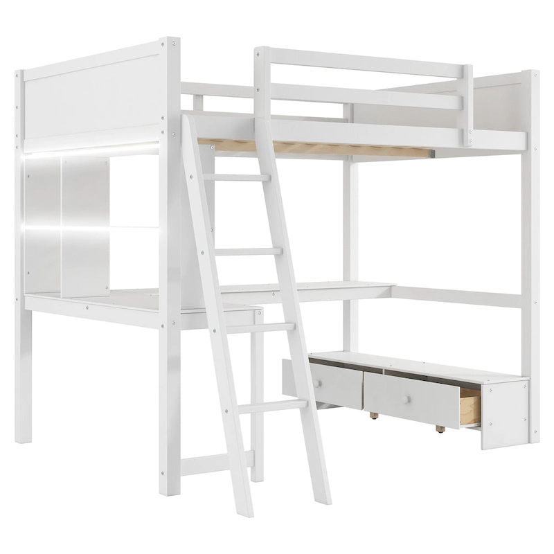 Full Size Loft Bed with L-shaped Multi-storage Desk, LED light & USB Charging Station, Wooden Loft Bed Storage Bench w/2 Drawers