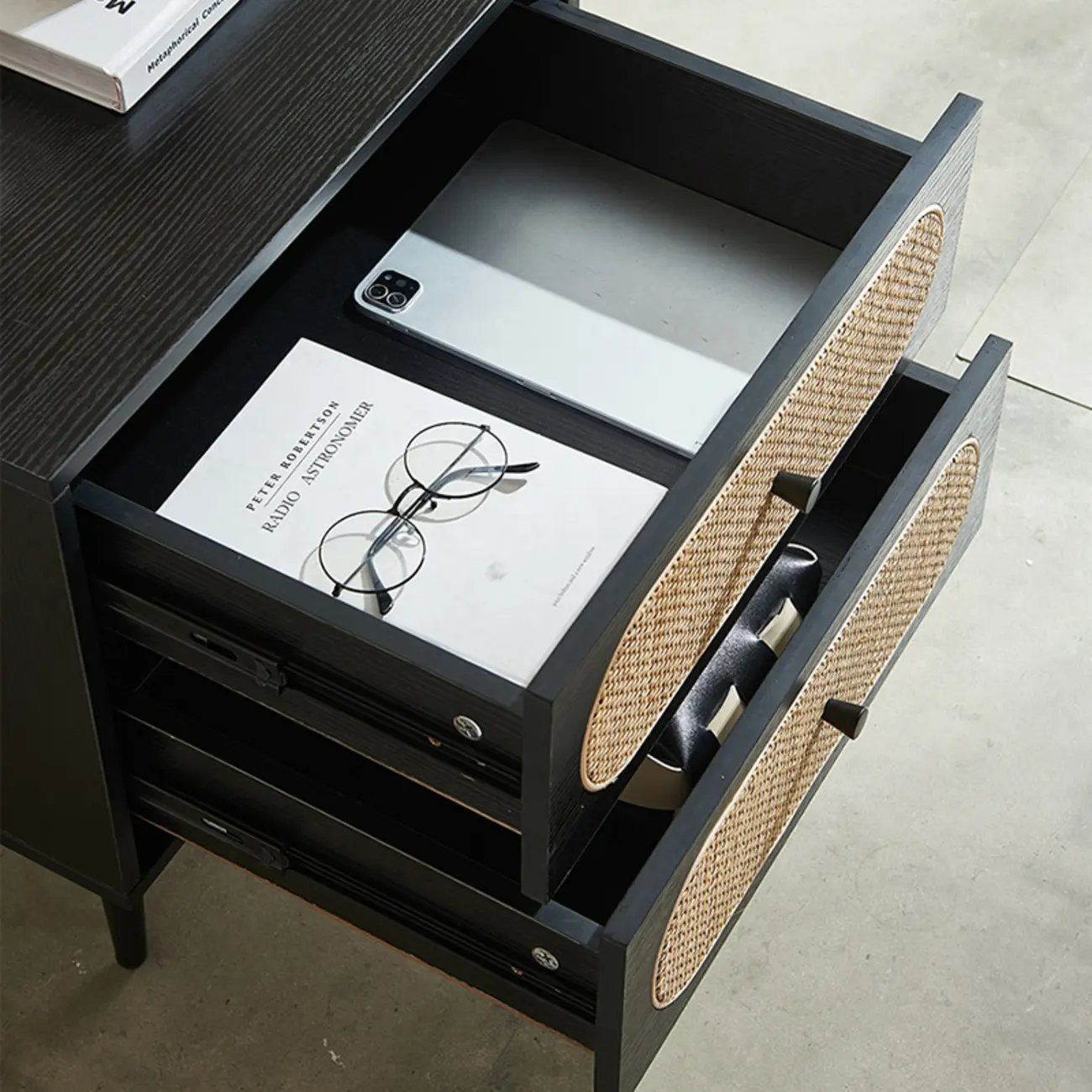 Modern Rattan Espresso Wood 2-Drawer Nightstand