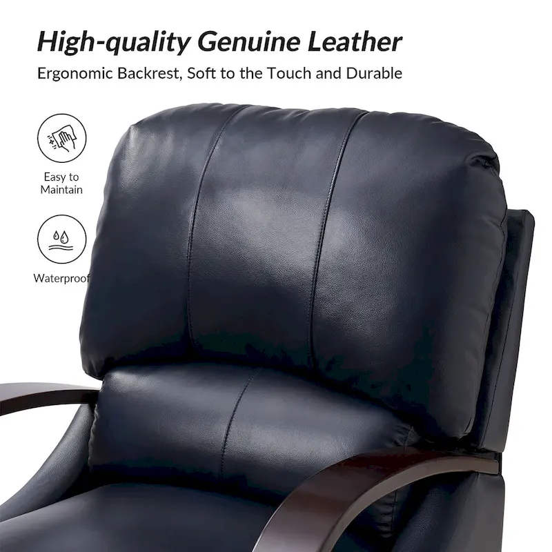 Alex Mid-century Modern Cigar Genuine Leather Manual Recliner with Wooden Curved Arms