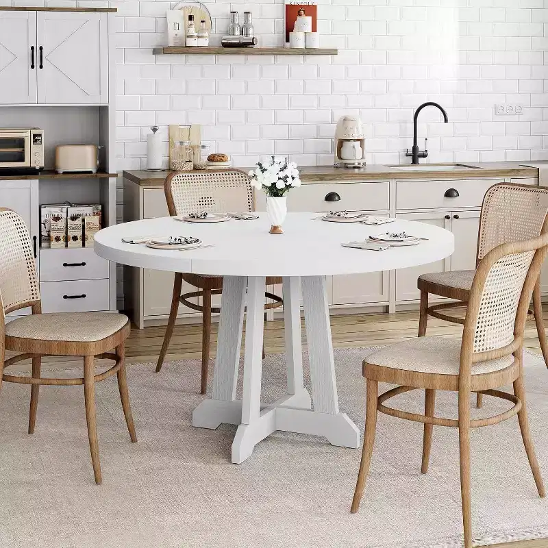 Acekool 47-Inch Round Dining Table, Seats 4, Wood Top with Pedestal Cross Base, Space-Saving Kitchen & Dining Room Table, Farmhouse Style