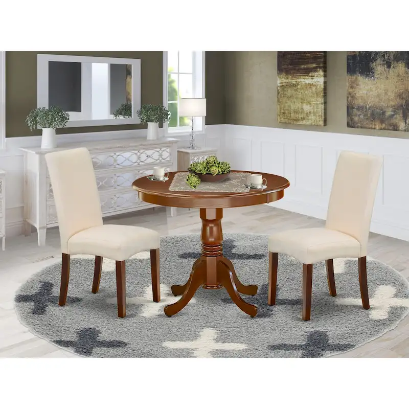 East West Furniture Kitchen Table Set- A Round Dining Room Table and Cream Linen Fabric Parson Chairs, Mahogany (Pieces Options)