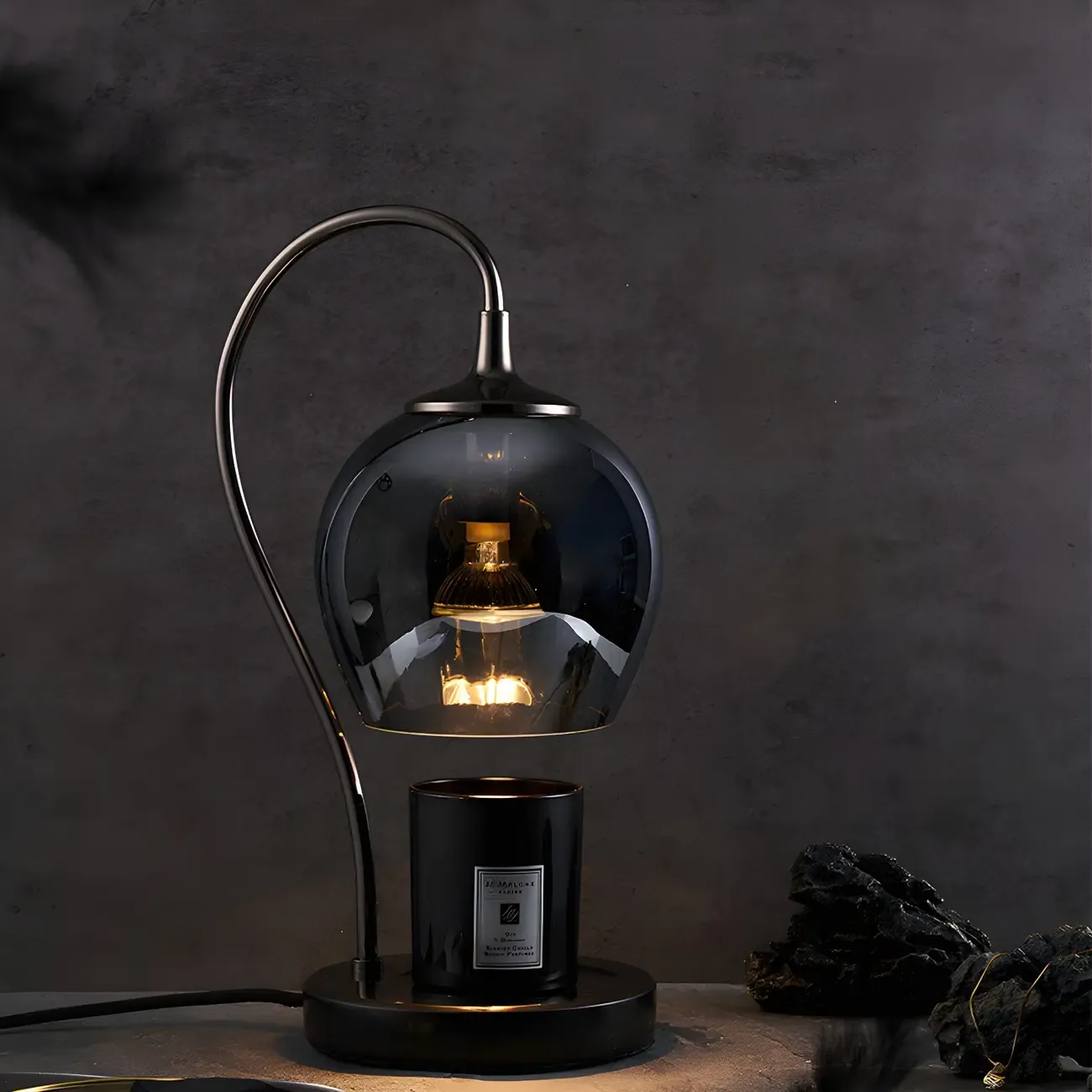 Modern Black Metal Glass Globe Table Lamp with Cup Holder Base