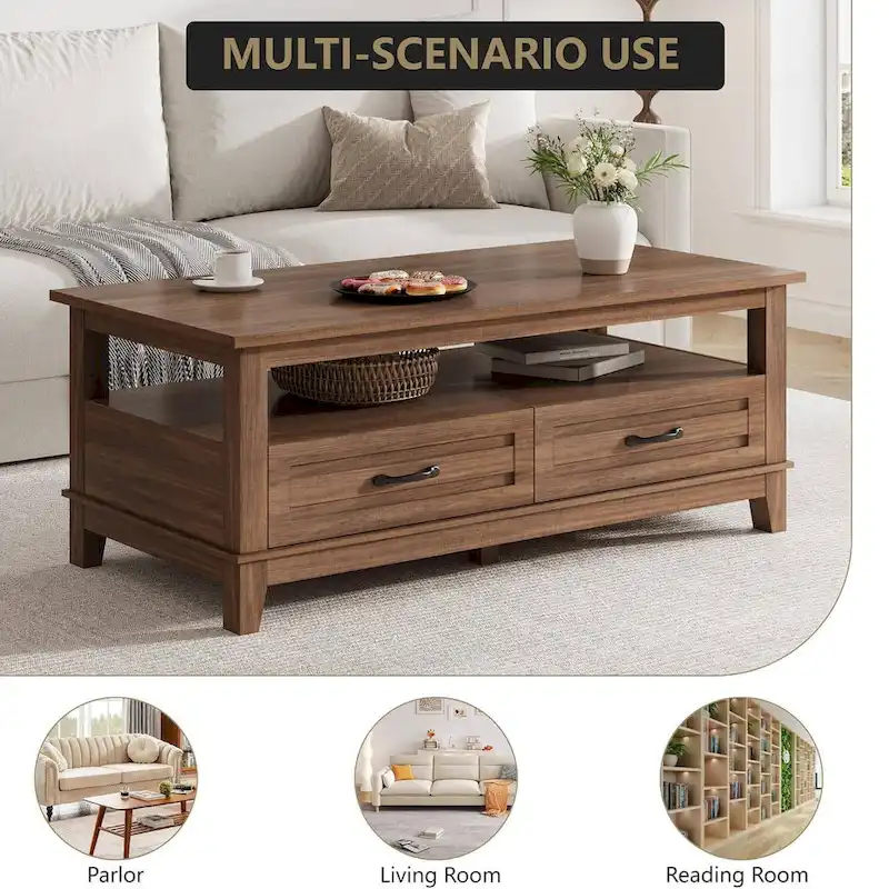 Farmhouse Coffee Table with Drawers and Open Shelf - N/A