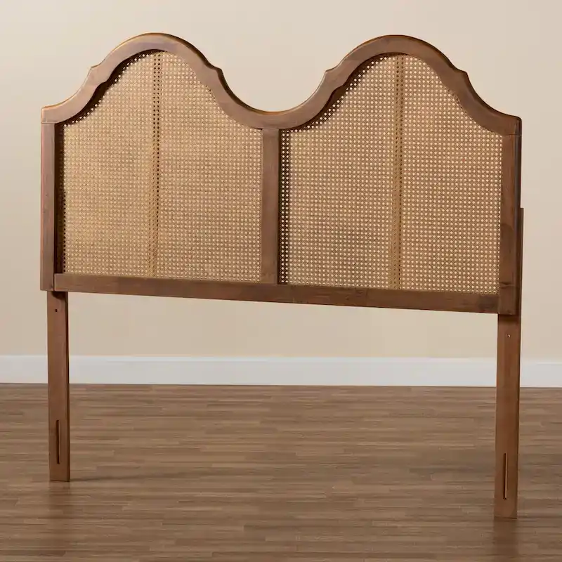 Hazel Ash Walnut Wood and Synthetic Rattan Arched Headboard