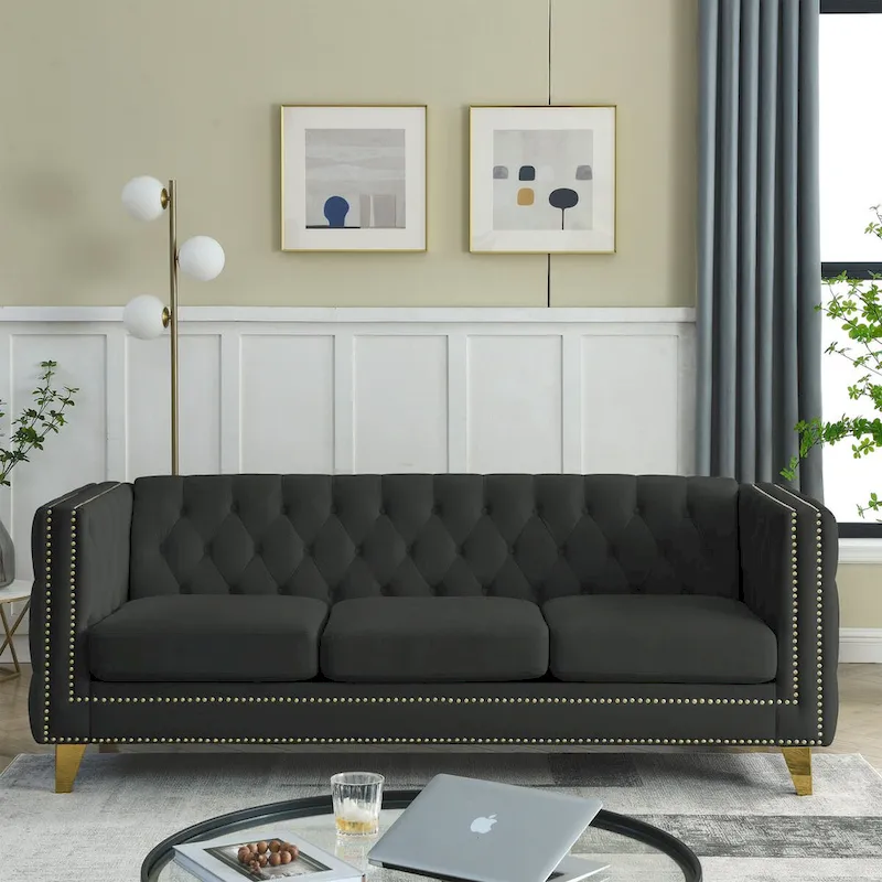 Velvet Upholstered 3 Seat Sofa, Classic Chesterfield Couch Buttons Tufted Square Arm Sofa with Nailheads and Metal Legs