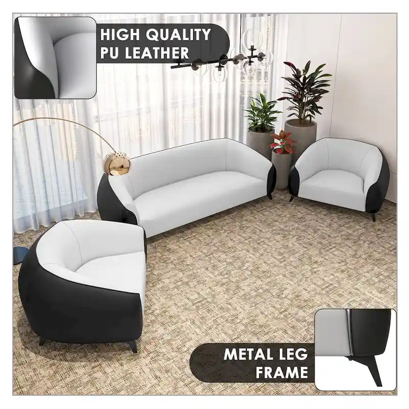 3-Piece Modern Sofa Set with Vegan Leather, Solid Wood Frame, Steel Legs, Foam Cushions for Living Room