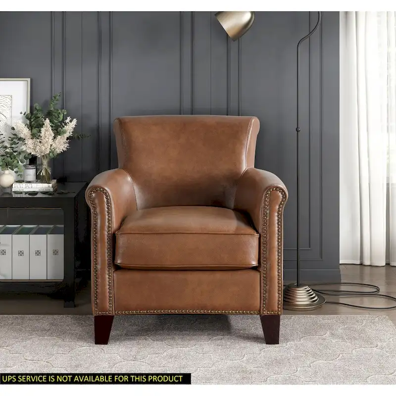 Traditional Leather Accent Chair 1pc Solid Wood Frame Top-Grain Leather Nailhead Trim Classic Modern Living Room Furniture