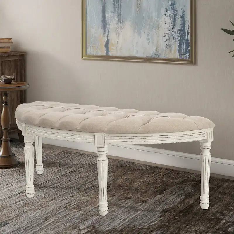 Mid-Century Modern Linen Upholstered Tufted Bench with Fluted Legs