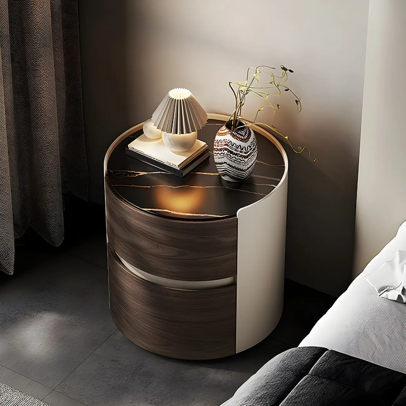 Modern Slate Countertop Round 2-Drawer Nightstand