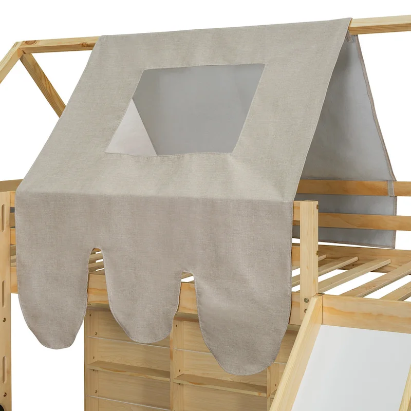 Twin Loft Bed with Play Tent, House Design, Slide & Ladder