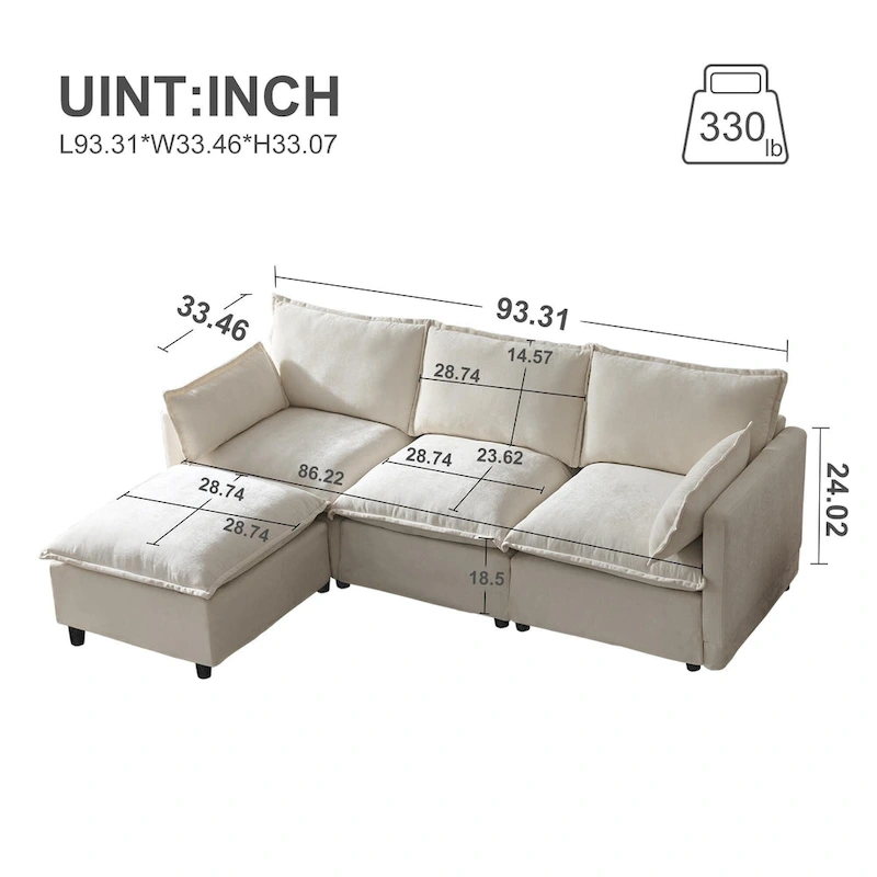 93.31 Faux Linen Modular Sectional Sofa with Movable Ottoman, Solid Wood Frame, and High-Resilience Foam Cushions