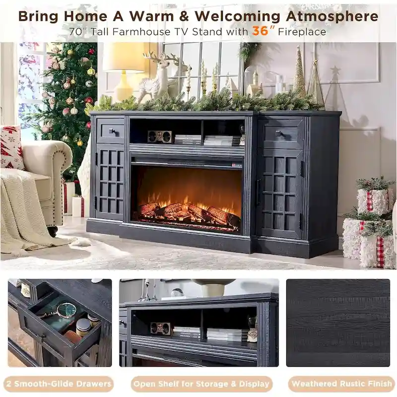 Black/Brown/White Farmhouse Electric Fireplace TV Stand, Fits 80
