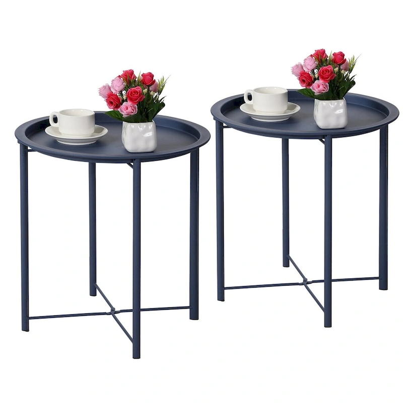 Javlergo Set of 2 Folding Round TV Tray Tables, Small Round Steel Side Table, No Assembly Required - 18.5 x 18.5 x 19.7 in
