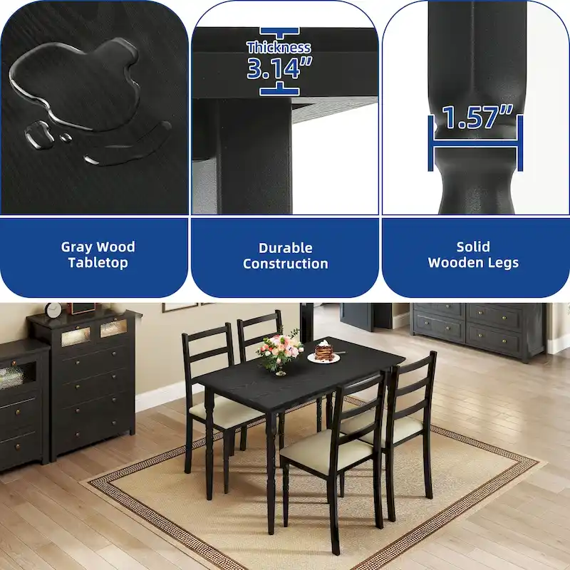 Farmhouse Dining Table Set with 4 Chairs Rectangular Dining Set Roman Column Style Kitchen