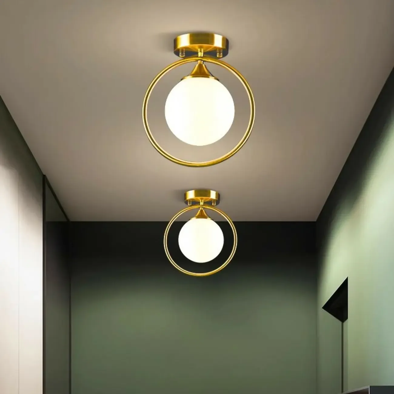 1-Light Circular Brass Glass Ball Semi Flush Ceiling Light