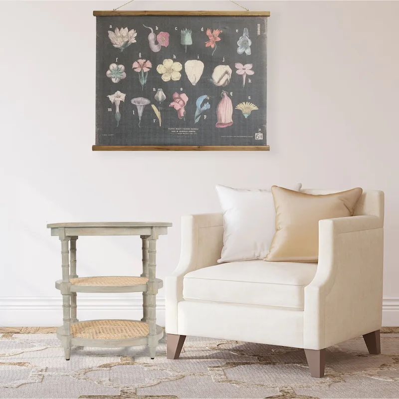 Round Mango Wood Table with 2 Cane Shelves