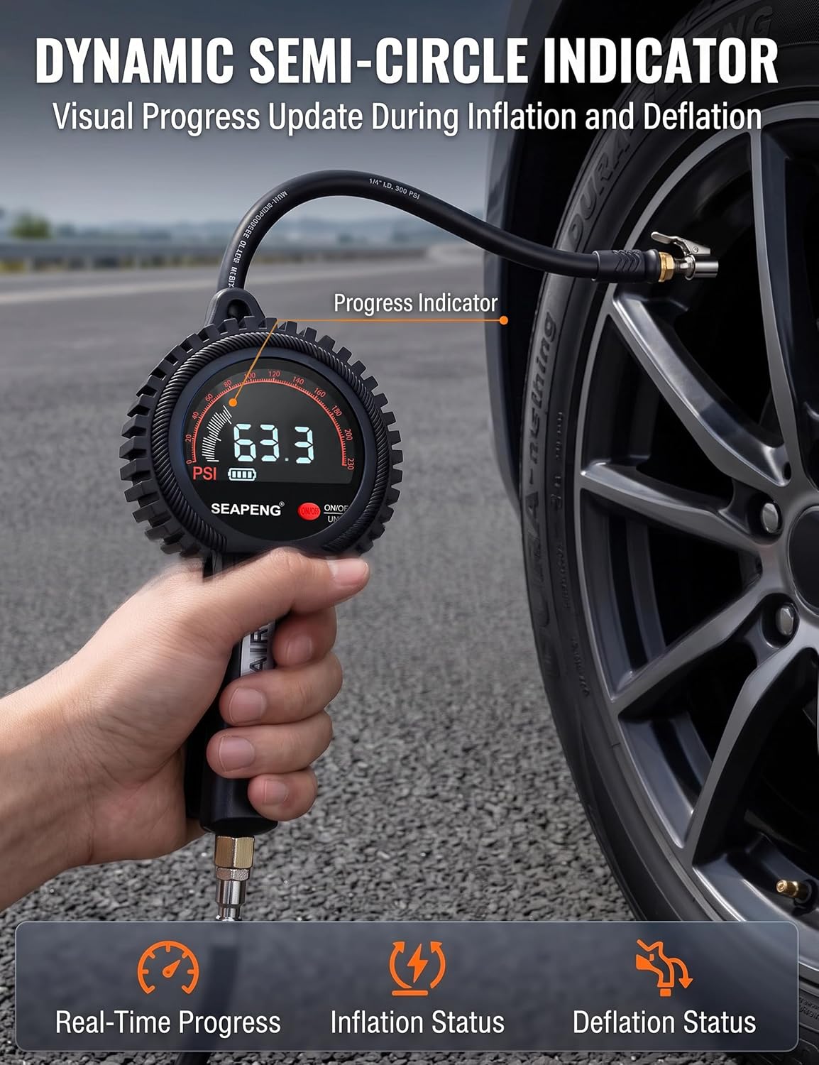 SEAPENG TB-801 Rechargeable Digital Tire Inflator Gauge, 5-230 PSI for cars, trucks, RVs and garages
