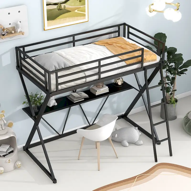 Twin Size Loft Bed with Desk, Ladder and Full-Length Guardrails, X-Shaped Metal Frame, No Box Spring Needed for Kids