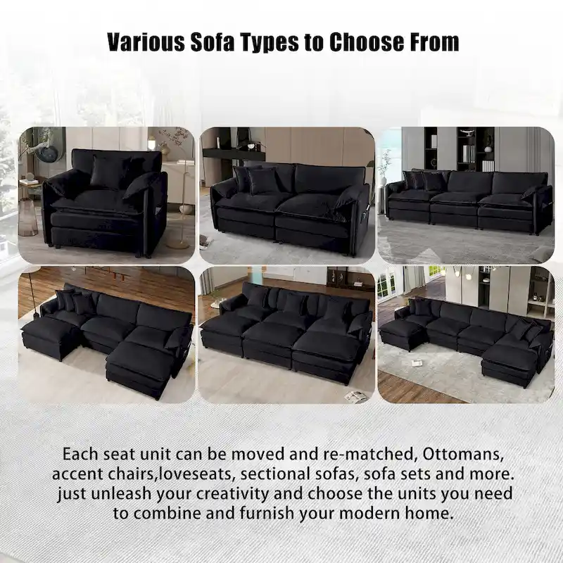 109.45 Chenille Upholstered U-Shaped Modular Sectional Sofa with Double-Layer Cushions, DIY Combination