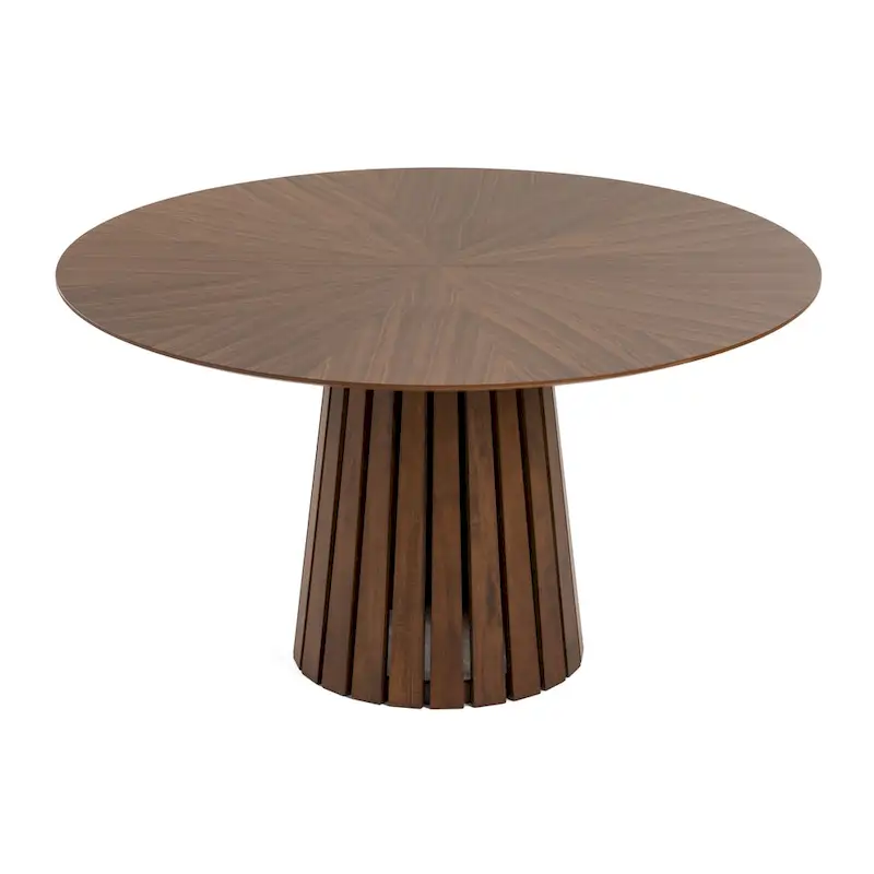 Cid Xeu 54 Inch Dining Table, Round Walnut Veneer, Slatted Pedestal Base