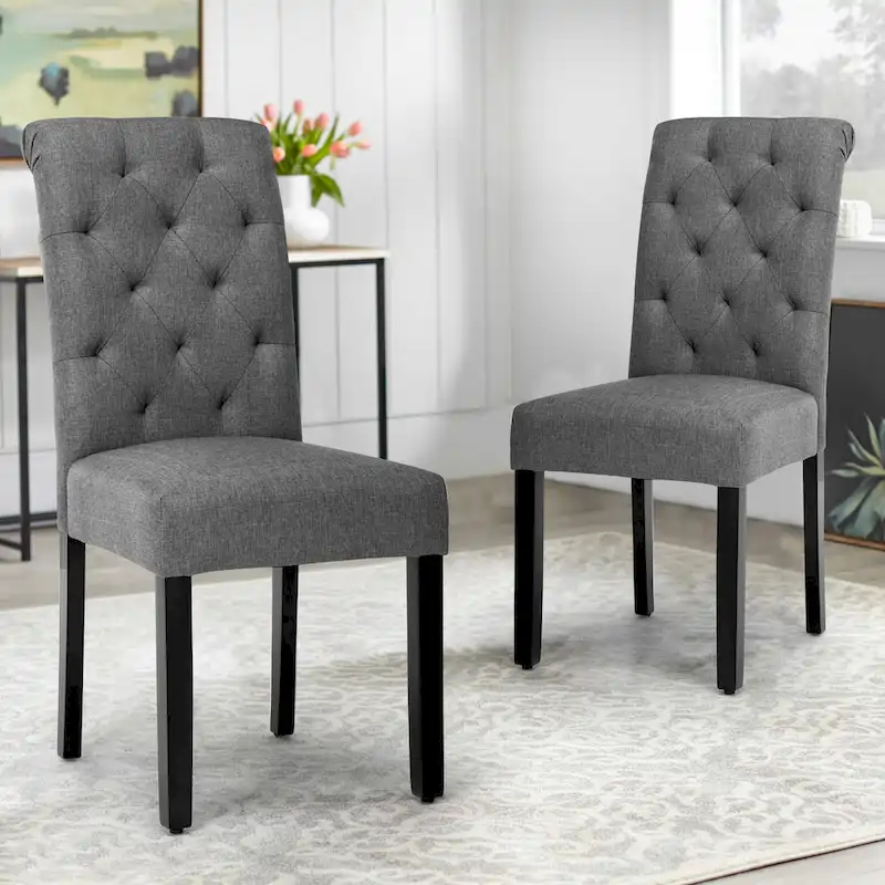 Fabric Upholstery High Back Tufted Parson Dining Chairs and Black Legs Set of 2