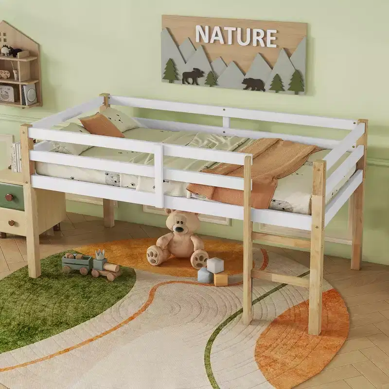 MAYEERTY Rubber Woood Loft Bed with Safety Ladder Multicolored