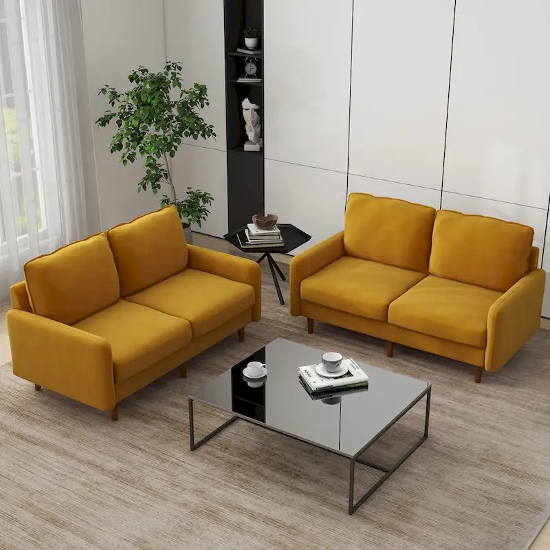 2 Pices Velvet Loveseat Wood Legs Sofa