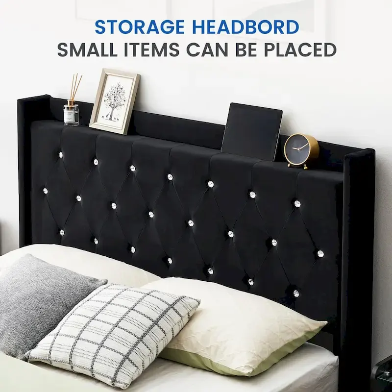 Modern Velvet Floating Bed Frame with LED Lights