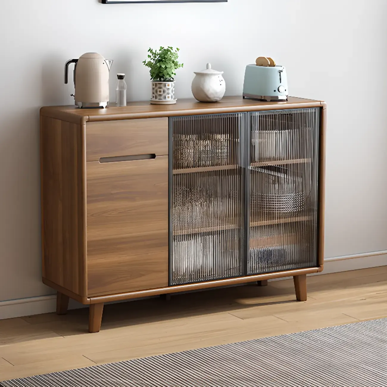 Brown Wooden 3-Drawer Sliding Door Buffet Cabinet