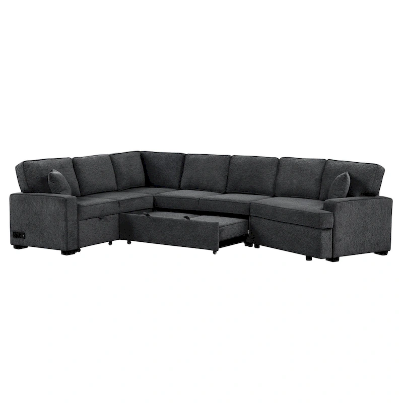 Black 126 L-Shaped 6-Seater Sofa with Pull-Out Bed and Cup Holders