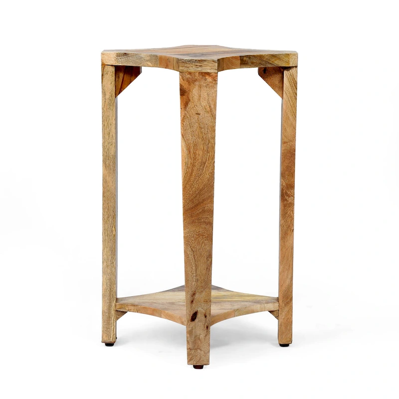 13 Boho Wooden Side Table with Handcrafted Wood Structure and Concave Design