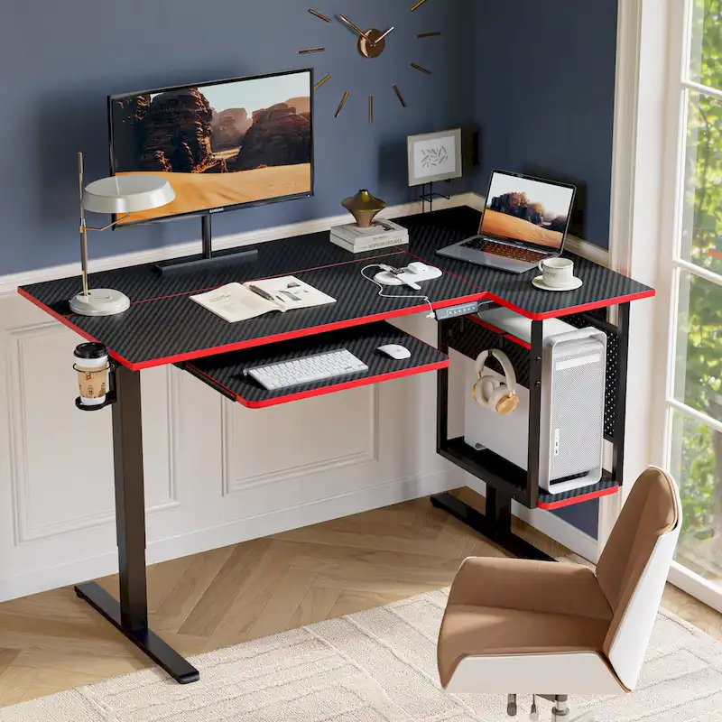 57 inch Electric Standing Desk Adjustable Height L Shaped Desk with Keyboard Tray and Host Shelf