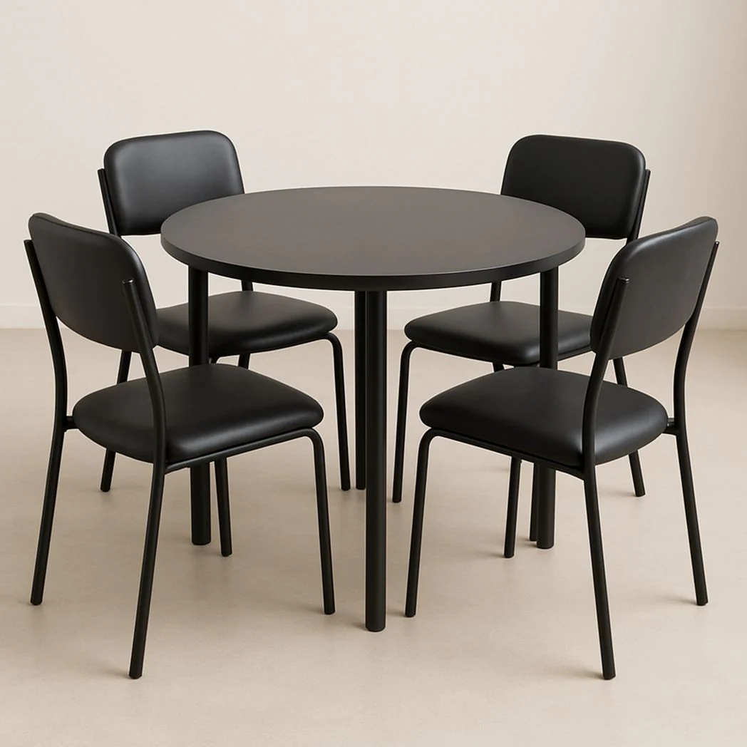 Set de salle à manger rond en métal noir avec 4 chaises en PVC