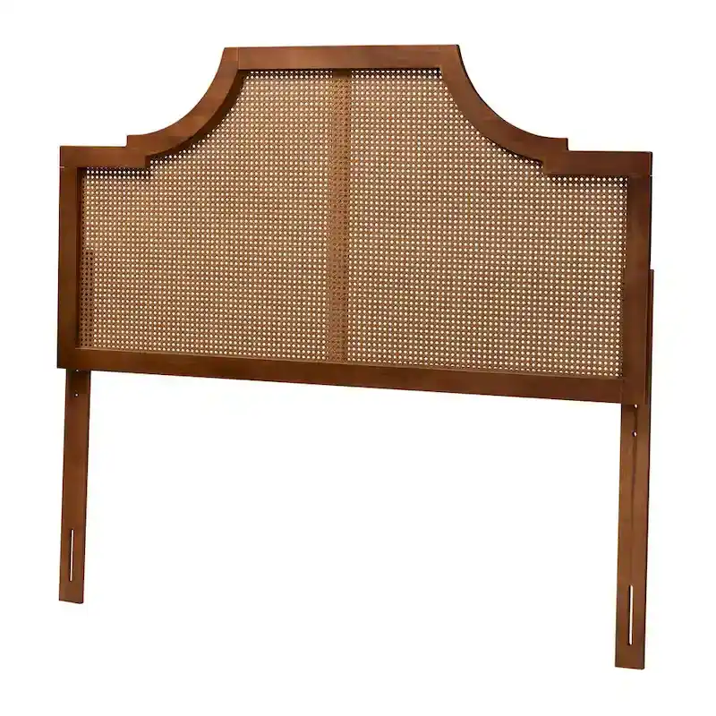 Risha Mid-Century Modern Ash Walnut Finished Wood and Rattan Headboard