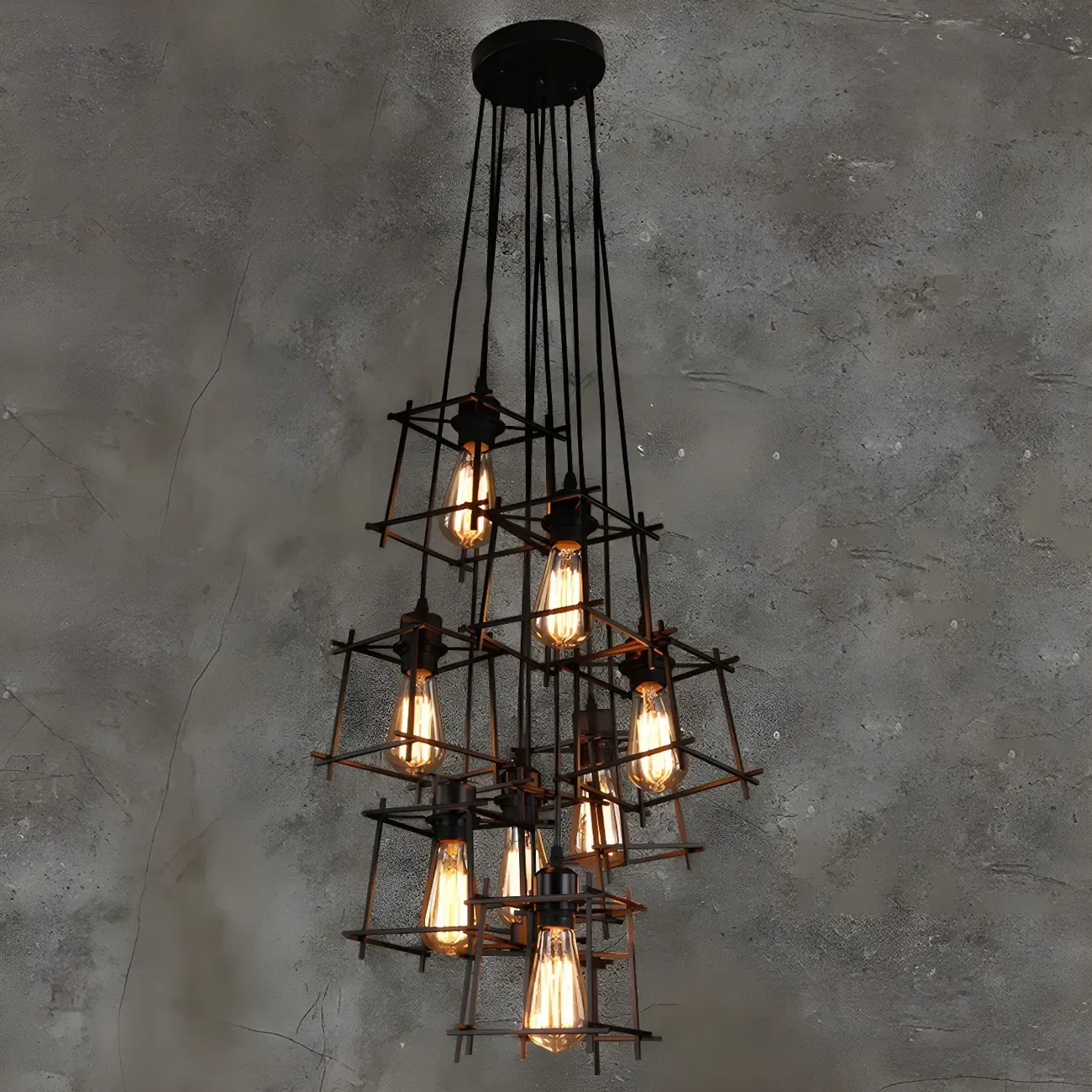 Large 10-Light Black Caged Industrial Pendant Chandelier