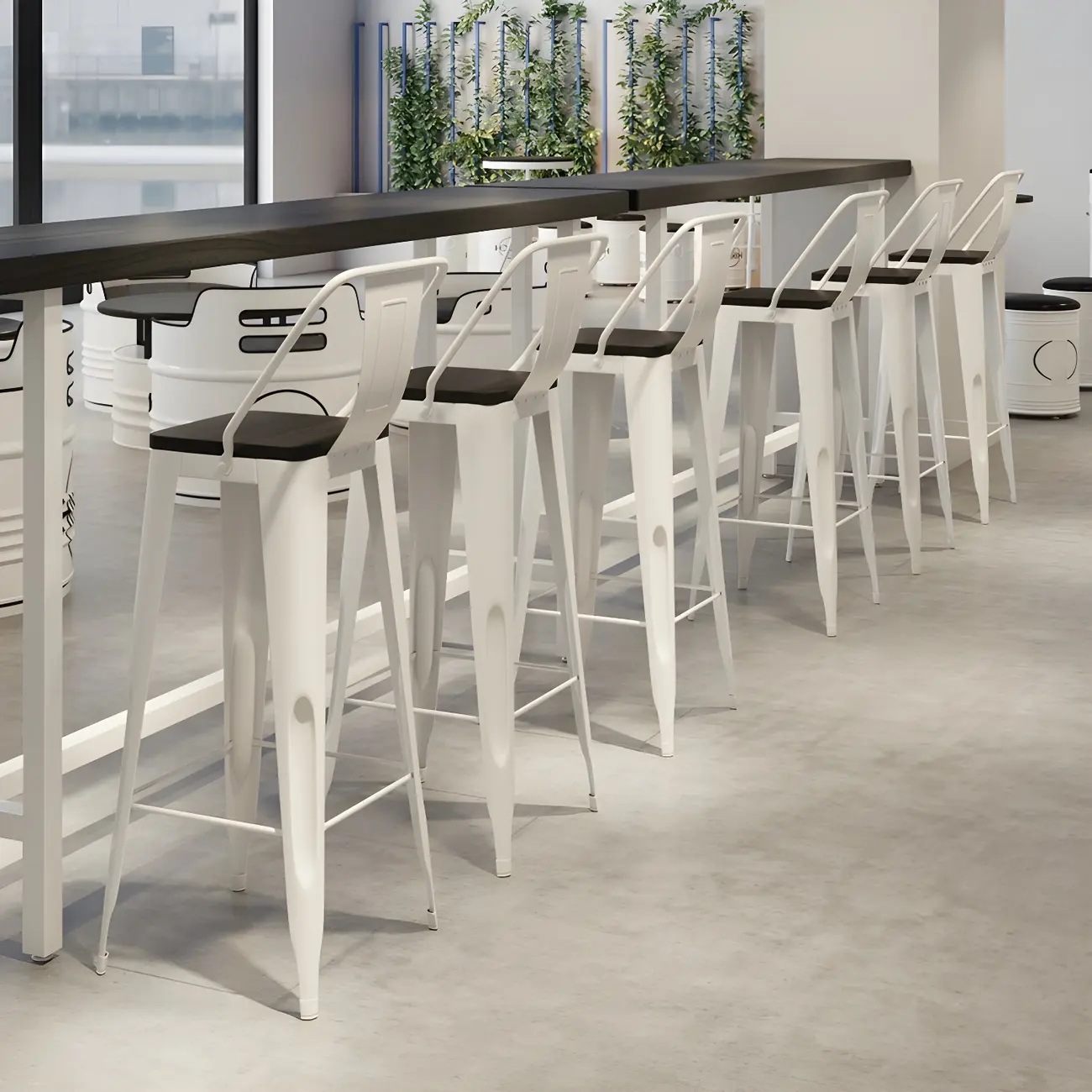 Industrial Black Wood Top Metal Trestle Base Bar Table