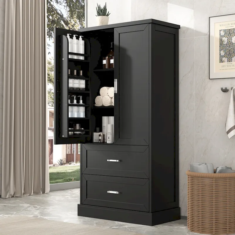 Tall Bathroom Storage Cabinet, Cabinet with Two Doors and Drawers, Adjustable Shelf, MDF Board