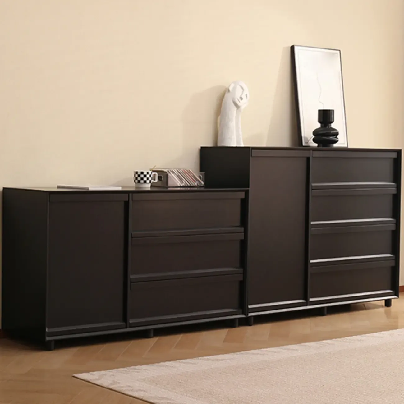 Industrial Wood Dresser with Drawers and Smooth Metal Rail