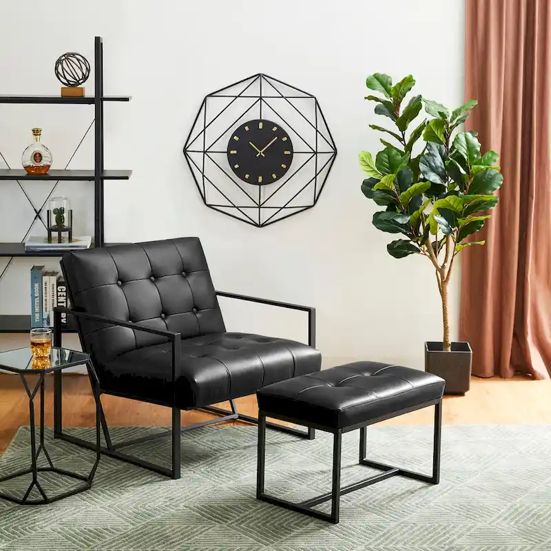 Glitzhome Modern PU Leather Tufted Accent Chair with Ottoman Set