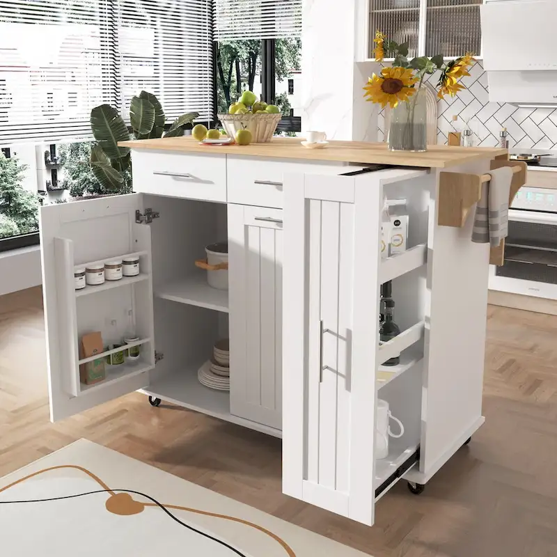 Kitchen Island with Drop Leaf,Kitchen Storage Cart with 3 Tier Pull Out Cabinet Organizer