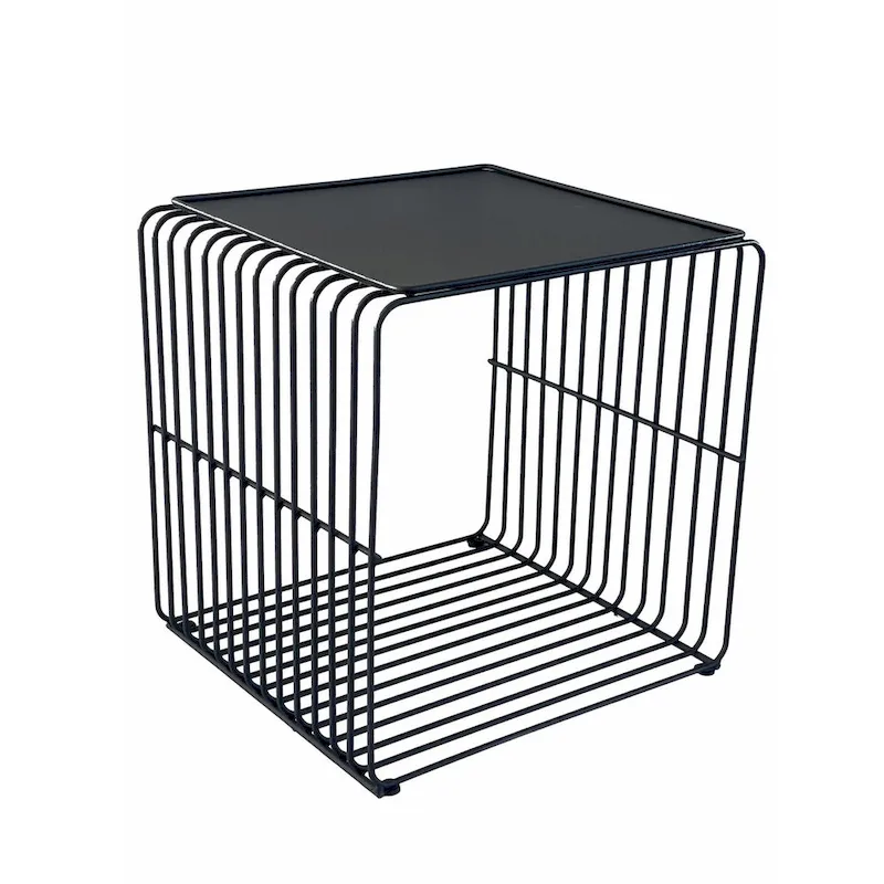 16-Inch Side Table with Waterfall-Style Black Metal Wireframe