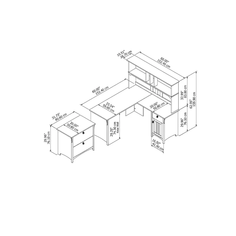 60W L-Shaped Desk with Hutch and Lateral File Cabinet - White