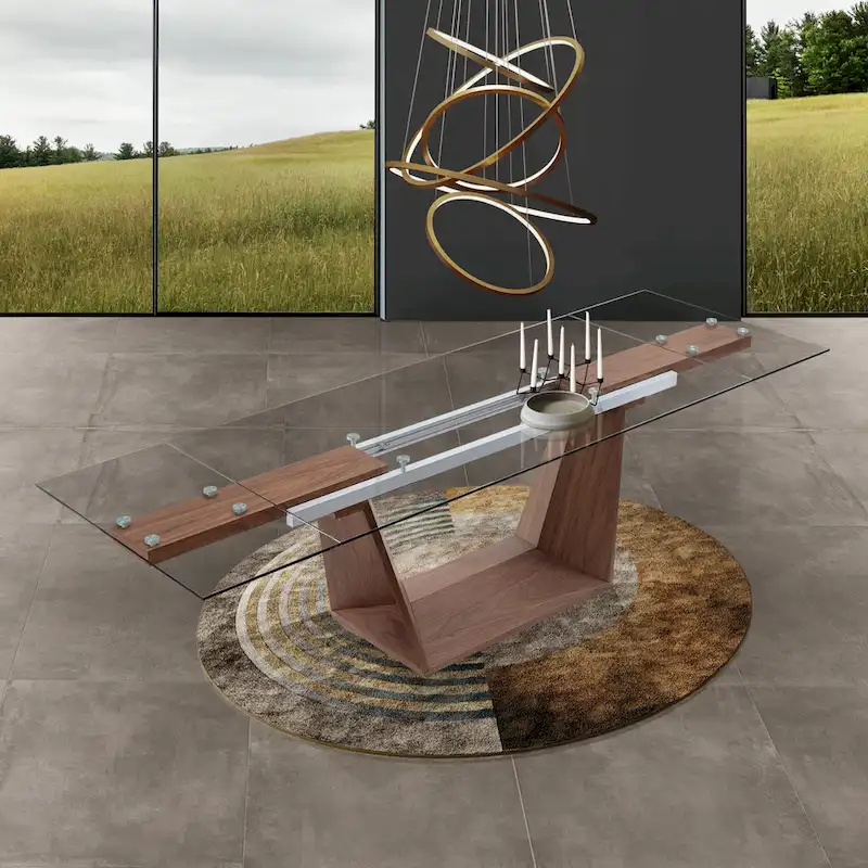 71-106 Inch Extendable Glass Top Dining Table with Walnut Veneer Wood Legs, Seats 6-10 People, Modern Design