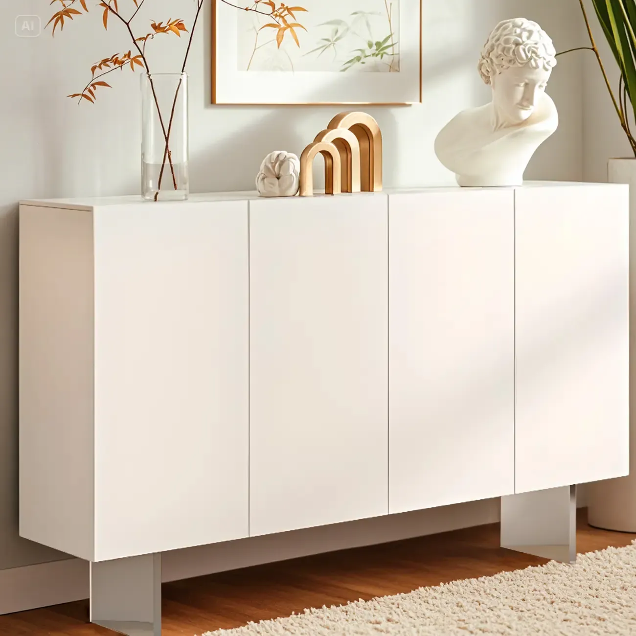 Minimalistic White Rectangular Accent Cabinet for Living Room