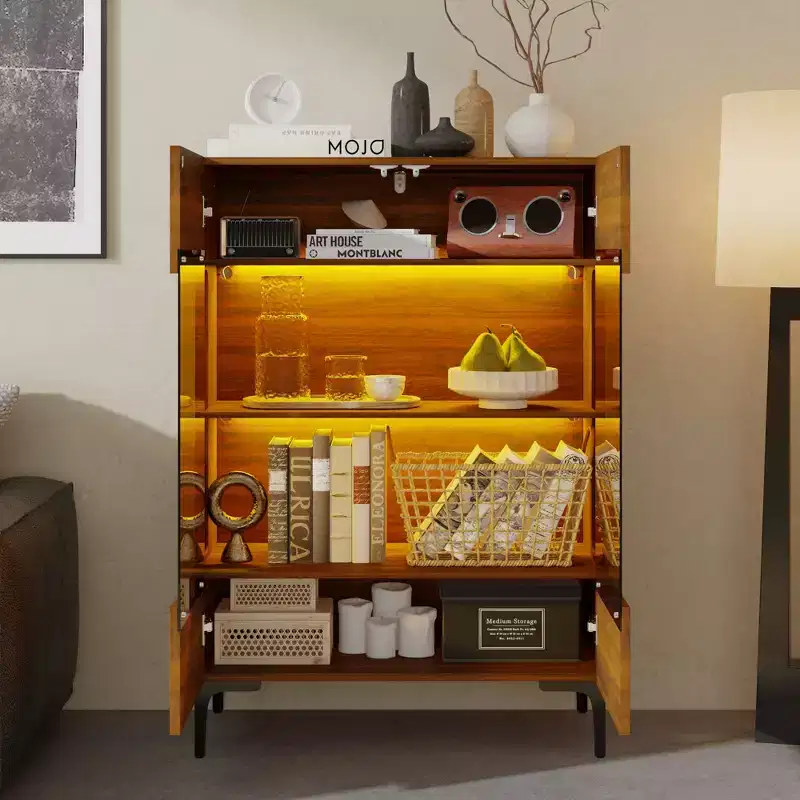 Walnut Wood Grain Display Cabinet with Glass Doors and LED Light, 1-Person